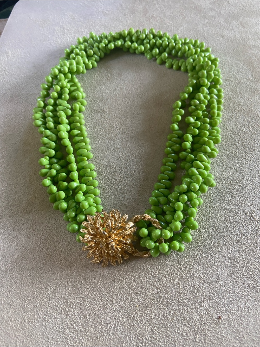 Vntg Green Multi-Strand Teardrop Bead Statement Necklace Gold Tone Floral Clasp